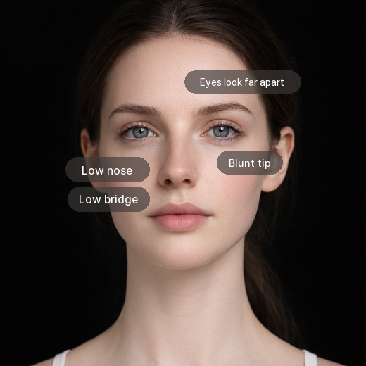 Low Nose: Eyes look far apart, Blunt tip, Low nose, Low bridge