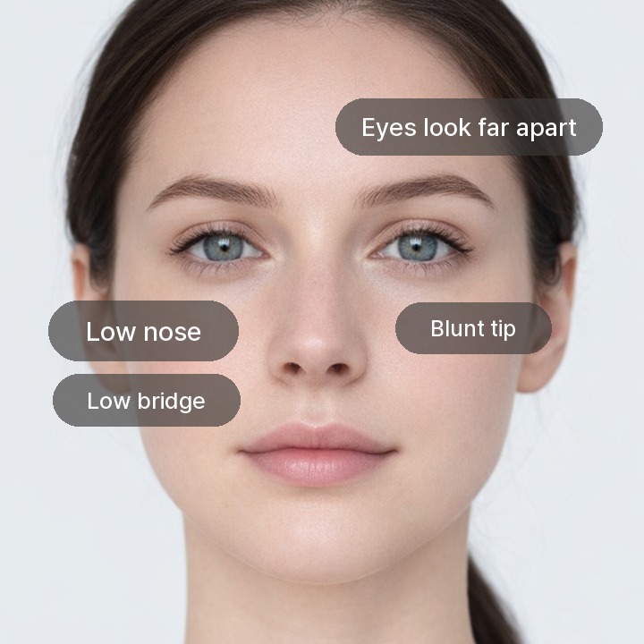 Low Nose: Eyes look far apart, Blunt tip, Low nose, Low bridge
