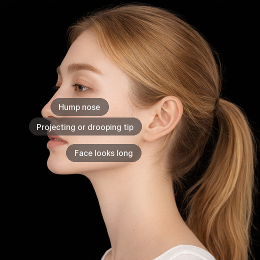 Hump Nose: Hump nose, Projecting or drooping tip, Face looks long
