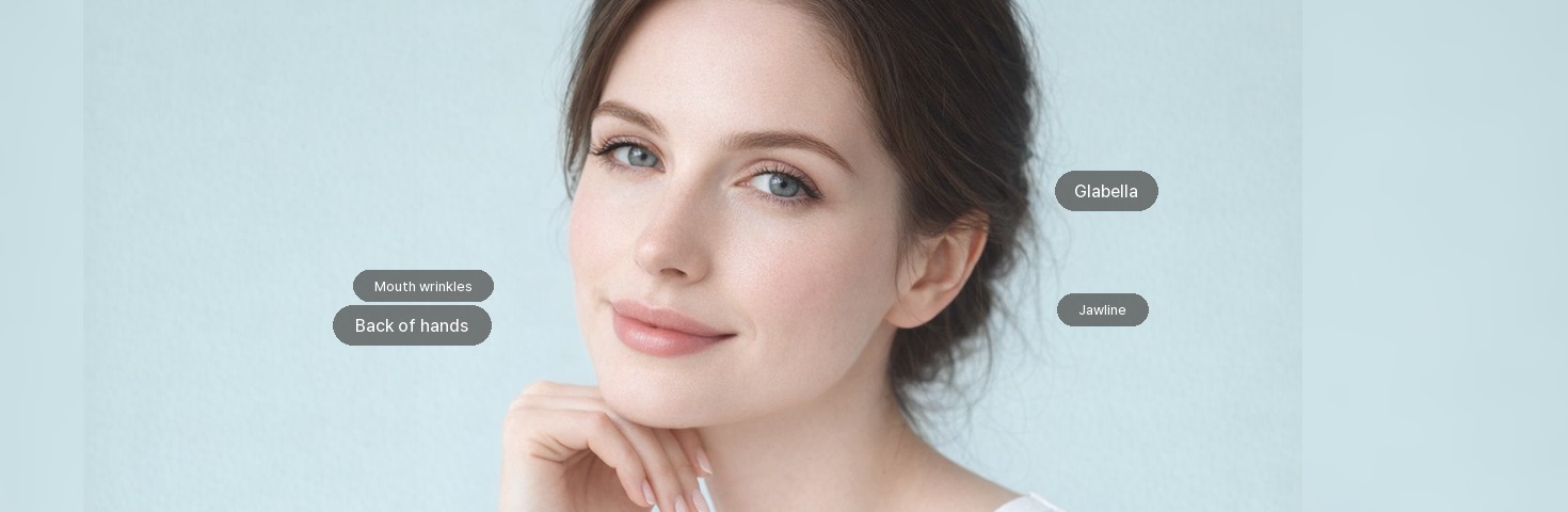 Juvelook: Forehead, Eye corners, Front cheeks, Mouth wrinkles, Back of hands, Glabella, Under-eyes / dark circles, Nasolabial folds, Jawline, Neck wrinkles