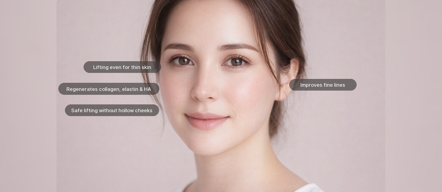 Results: Lifting even for thin skin, Improves fine lines, Regenerates collagen, elastin & HA, Less double chin & cheek fat, Safe lifting without hollow cheeks