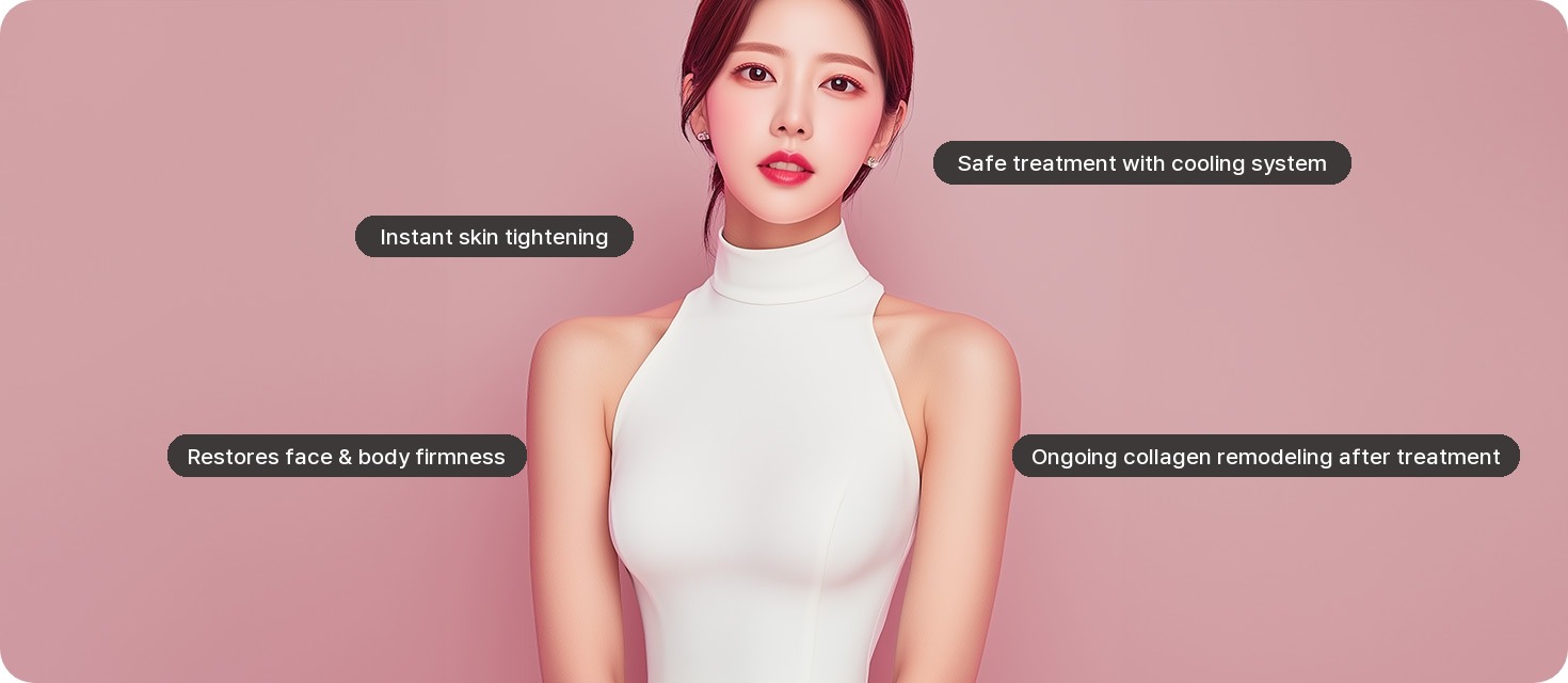 Results: Safe treatment with cooling system, Instant skin tightening, Restores face & body firmness, Ongoing collagen remodeling after treatment
