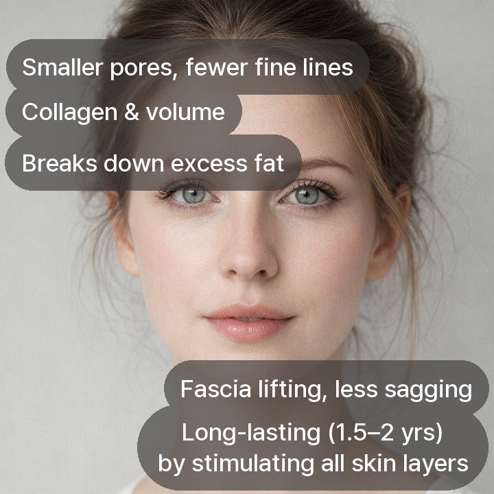 Results: Smaller pores, fewer fine lines, Collagen & volume, Breaks down excess fat, Fascia lifting, less sagging, Long-lasting (1.5–2 yrs) by stimulating all s